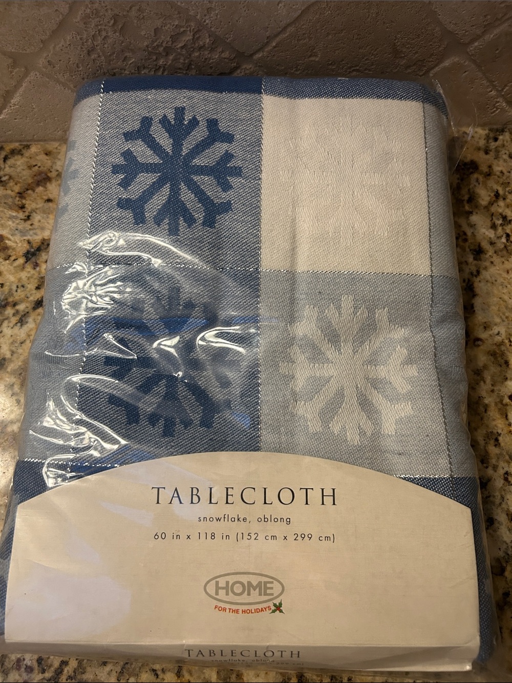 Oblong 60” by 128” Blue and White Snowflake Tablecloth